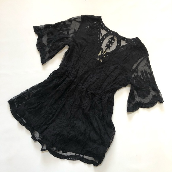 Lace Romper New Black Shorts Lining Sheer Back - Picture 7 of 8